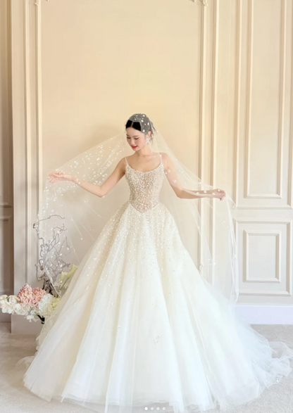 Timeless Spaghetti Strap Ball Gown Tulle Wedding Dress, White Bridal Gowns DP03049