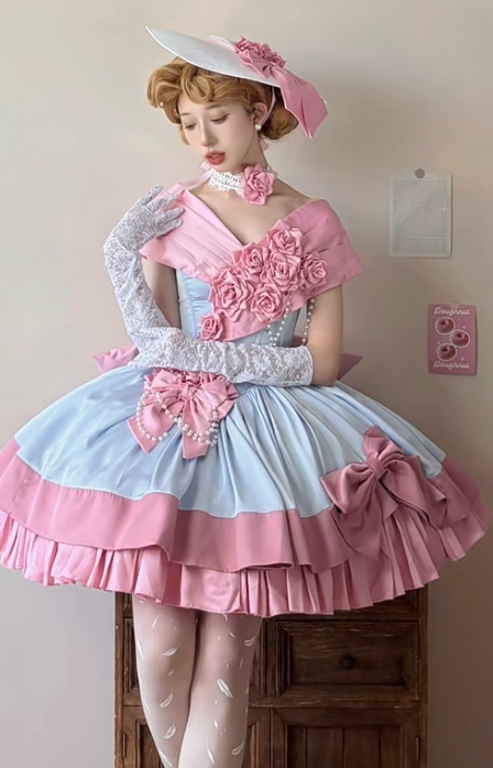 Sweet Off Shoulder Ball Gown Satin Sleeveless Birthday Dress Pink Lolita Dress DP03051