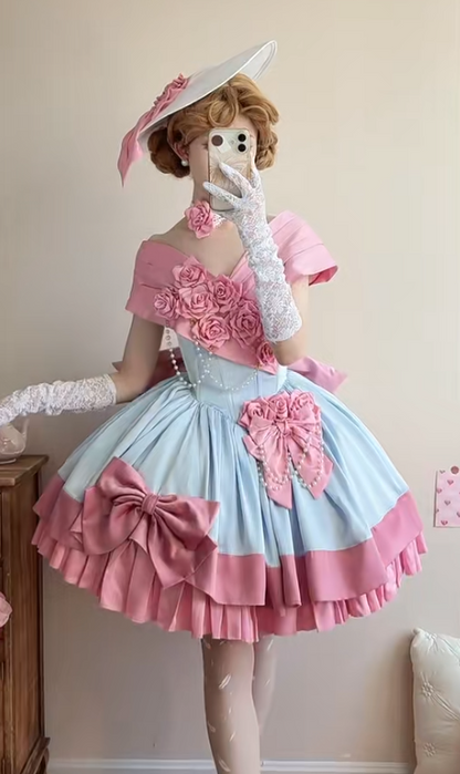 Sweet Off Shoulder Ball Gown Satin Sleeveless Birthday Dress Pink Lolita Dress DP03051