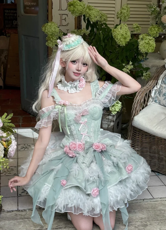 Sweet Off-the-shoulder Ball Gown Tulle Birthday Dress Light Green Lolita Dress DP03052