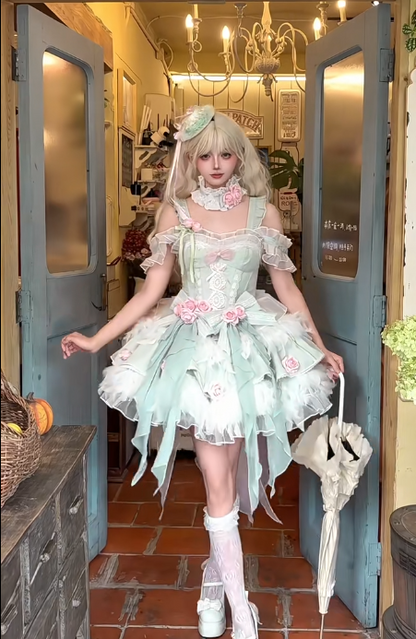 Sweet Off-the-shoulder Ball Gown Tulle Birthday Dress Light Green Lolita Dress DP03052