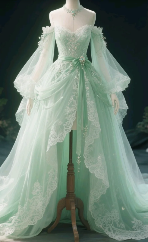 Sweet Off-the-shoulder Ball Gown Tulle Lace Long-sleeved Birthday Dress Green Lolita Dress DP03053