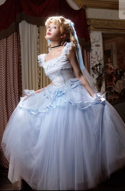 Sweet Square Neck Ball Gown Tulle Sleeveless Birthday Dress Light Blue Lolita Dress DP03054
