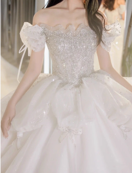 Princess Bridal Dress Ball Gown Off Shoulder Tulle White Beads Long Wedding Dress Modest Bridal Gowns DH2765