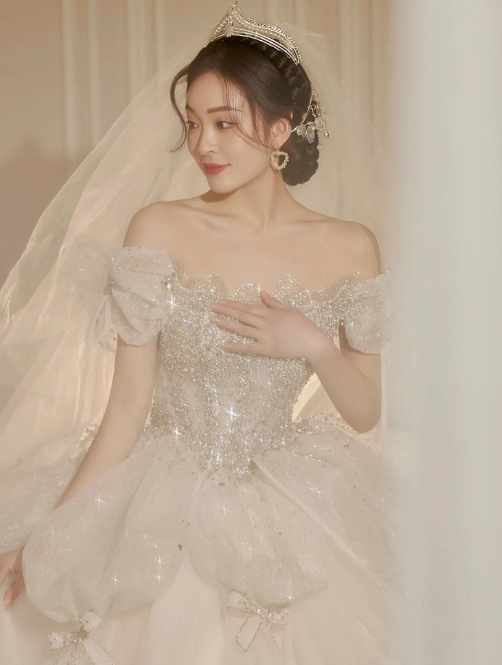 Princess Bridal Dress Ball Gown Off Shoulder Tulle White Beads Long Wedding Dress Modest Bridal Gowns DH2765