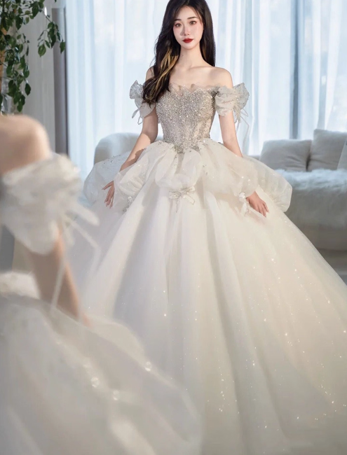 Princess Bridal Dress Ball Gown Off Shoulder Tulle White Beads Long Wedding Dress Modest Bridal Gowns DH2765