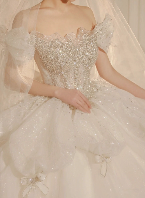 Princess Bridal Dress Ball Gown Off Shoulder Tulle White Beads Long Wedding Dress Modest Bridal Gowns DH2765