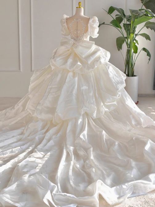 Princess Bridal Dress Ball Gown V-Neck Satin White Beads Long Wedding Dress Modest Lace Bridal Gowns DP2766