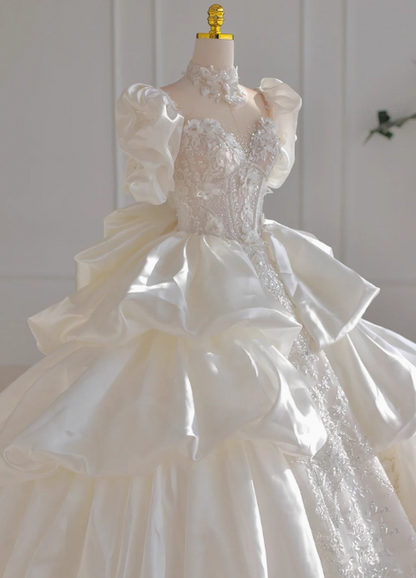 Princess Bridal Dress Ball Gown V-Neck Satin White Beads Long Wedding Dress Modest Lace Bridal Gowns DP2766