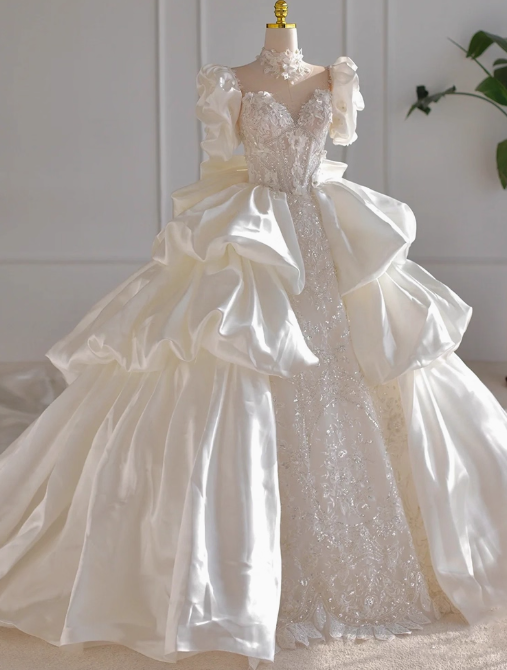 Princess Bridal Dress Ball Gown V-Neck Satin White Beads Long Wedding Dress Modest Lace Bridal Gowns DP2766