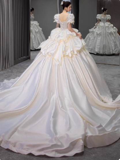 Princess Bridal Dress Ball Gown V-Neck Satin White Beads Long Wedding Dress Modest  Bridal Gowns DP2767