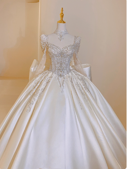 Princess Bridal Dress Ball Gown V-Neck Satin White Beads Long Wedding Dress Modest Long Sleeves Bridal Gowns DP2768