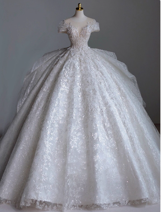 Princess Bridal Dress Ball Gown Round Neck Tulle White Beads Long Wedding Dress Modest Bridal Gowns DP2769