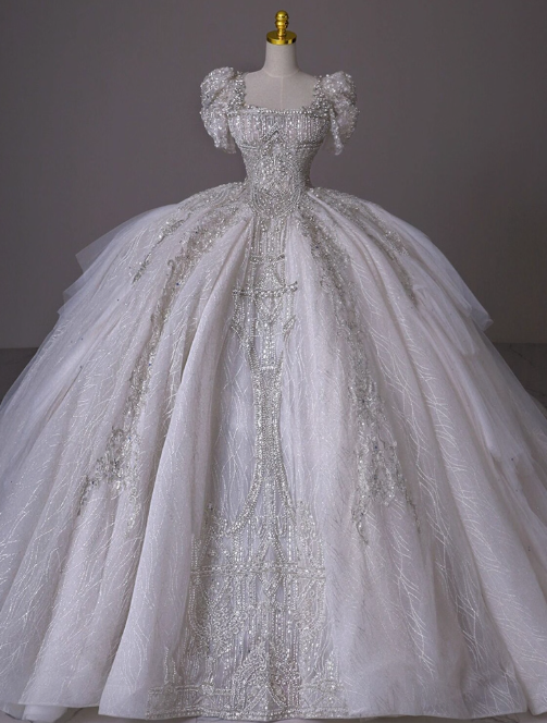 Princess Bridal Dress Ball Gown Square Neck Tulle White Beads Long Wedding Dress Modest Short Sleeve Bridal Gowns DP2770