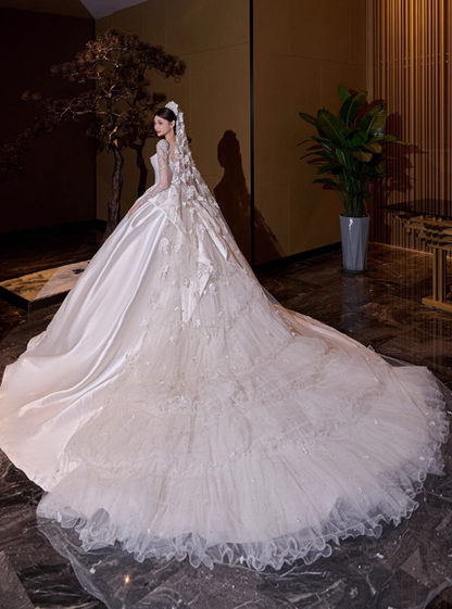 Princess Bridal Dress Ball Gown Satin White Beads Long Wedding Dress Modest Long Sleeve Bridal Gowns DP2771