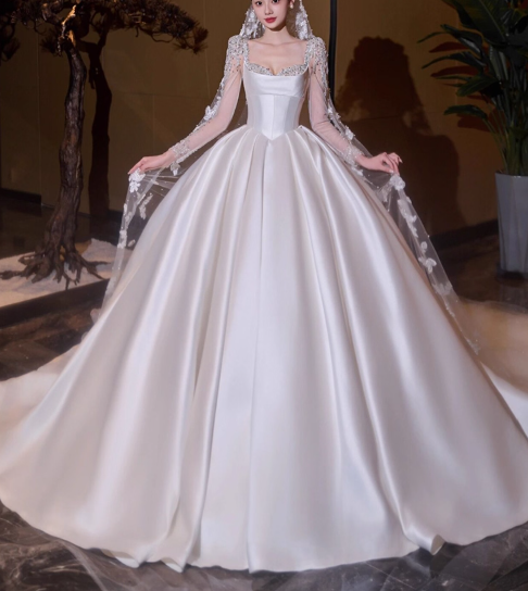 Princess Bridal Dress Ball Gown Satin White Beads Long Wedding Dress Modest Long Sleeve Bridal Gowns DP2771
