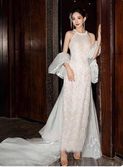 Modest White Bridal Dress Ball Gown Round Neck Tulle Beads Long Wedding Dress Elegant Tassel Sequins Bridal Gowns DP2812