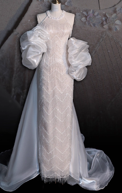 Modest White Bridal Dress Ball Gown Round Neck Tulle Beads Long Wedding Dress Elegant Tassel Sequins Bridal Gowns DP2812