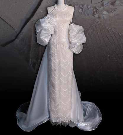 Modest White Bridal Dress Ball Gown Round Neck Tulle Beads Long Wedding Dress Elegant Tassel Sequins Bridal Gowns DP2812