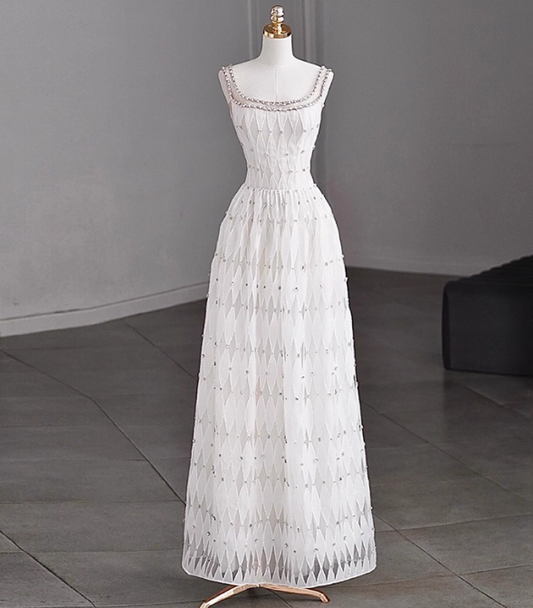 Modest A-Line Bateau Neck Bridal Dress White Tulle Long Wedding Dress Elegant Lace Beads Bridal Gowns DP2813