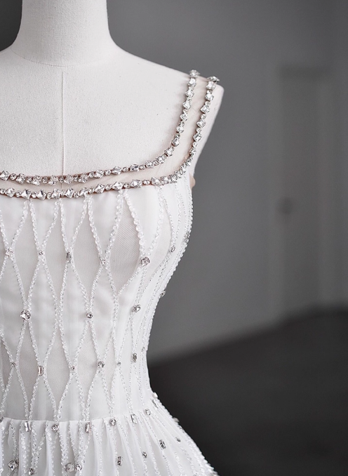 Modest A-Line Bateau Neck Bridal Dress White Tulle Long Wedding Dress Elegant Lace Beads Bridal Gowns DP2813