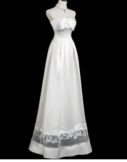 Modest A-Line Strapless Bridal Dress White Satin Long Wedding Dress Elegant Lace Applique Bridal Gowns DP2814