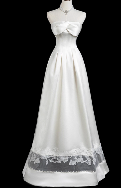 Modest A-Line Strapless Bridal Dress White Satin Long Wedding Dress Elegant Lace Applique Bridal Gowns DP2814