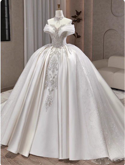 Modest Ball Gown Off-the-shoulder Bridal Dress White Tulle Long Wedding Dress Elegant Beading Applique Bridal Gowns DP2817