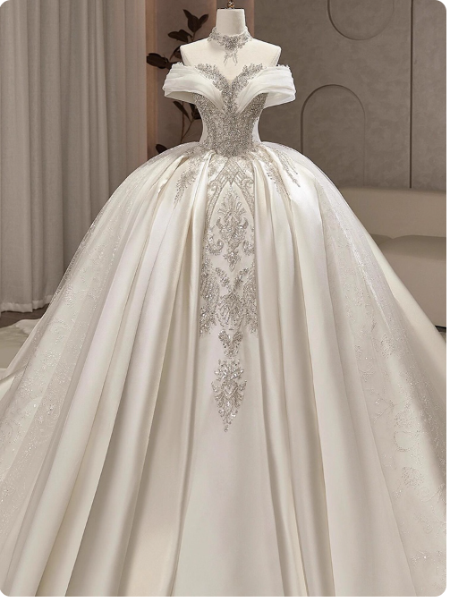 Modest Ball Gown Off-the-shoulder Bridal Dress White Tulle Long Wedding Dress Elegant Beading Applique Bridal Gowns DP2817