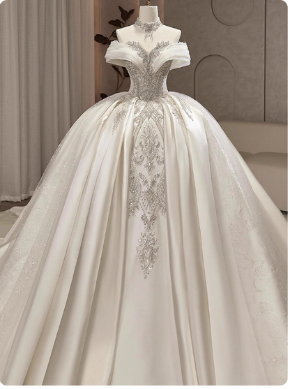 Modest Ball Gown Off-the-shoulder Bridal Dress White Tulle Long Wedding Dress Elegant Beading Applique Bridal Gowns DP2817