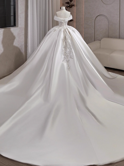 Modest Ball Gown Off-the-shoulder Bridal Dress White Tulle Long Wedding Dress Elegant Beading Applique Bridal Gowns DP2817
