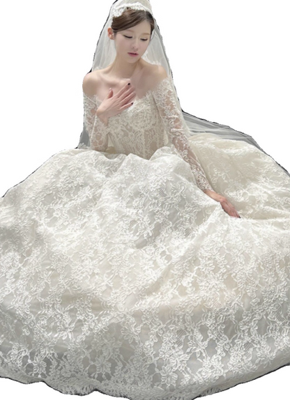 Modest Ball Gown Off-the-shoulder Bridal Dress White Tulle Lace Long Wedding Dress Elegant Applique Bridal Gowns DP2819