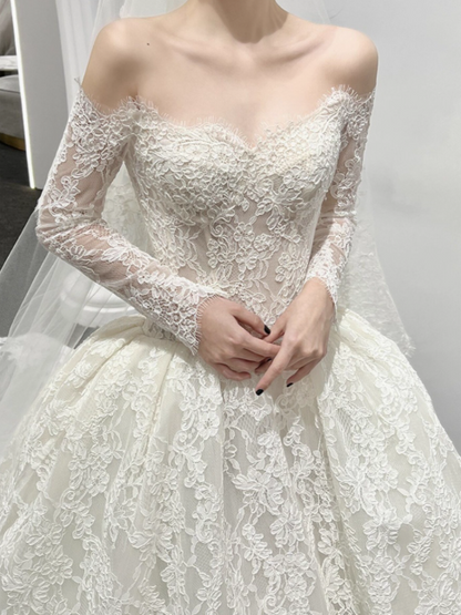 Modest Ball Gown Off-the-shoulder Bridal Dress White Tulle Lace Long Wedding Dress Elegant Applique Bridal Gowns DP2819
