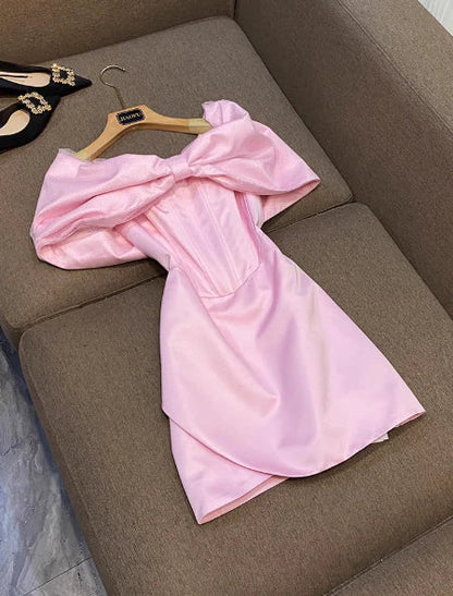 Vintage Pink Bow Design A-Line Short Party Dress Cocktail Dress Homecoming Dress TP4461