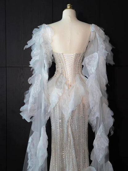 Elegant Strapless Mermaid Wedding Dress Rhinestone Bridal Dress Glamour Tulle Bridal GownsDP2839