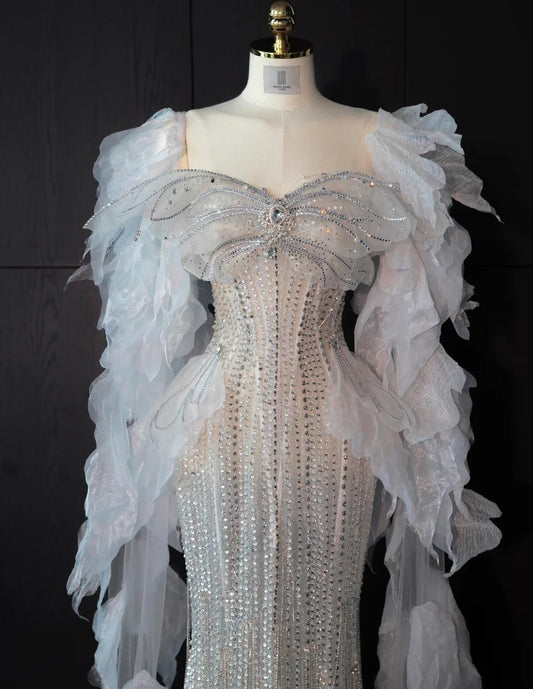 Elegant Strapless Mermaid Wedding Dress Rhinestone Bridal Dress Glamour Tulle Bridal GownsDP2839