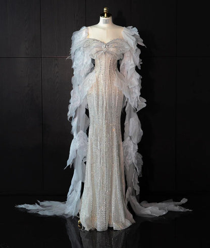 Elegant Strapless Mermaid Wedding Dress Rhinestone Bridal Dress Glamour Tulle Bridal GownsDP2839