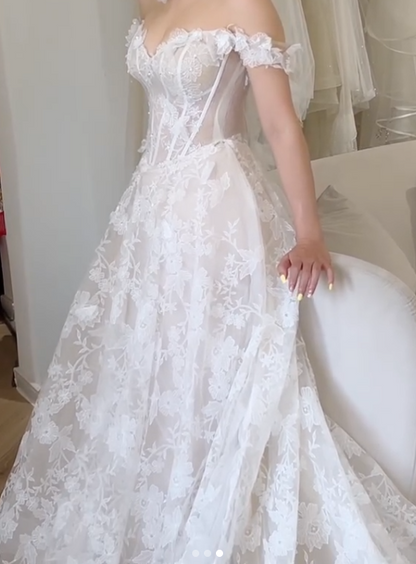 Modest Off-the-shoulder Bridal Gown Glam Applique Tulle Beaded Wedding Dress DP2858