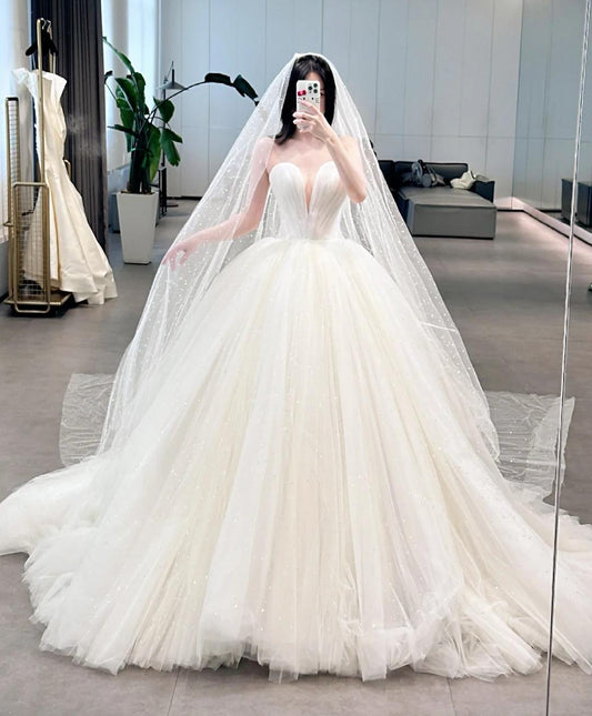 Modest Sweetheart Neck Ball Gown Sleeveless Bridal Gown Glam Tulle Wedding Dress with Veil DP2859