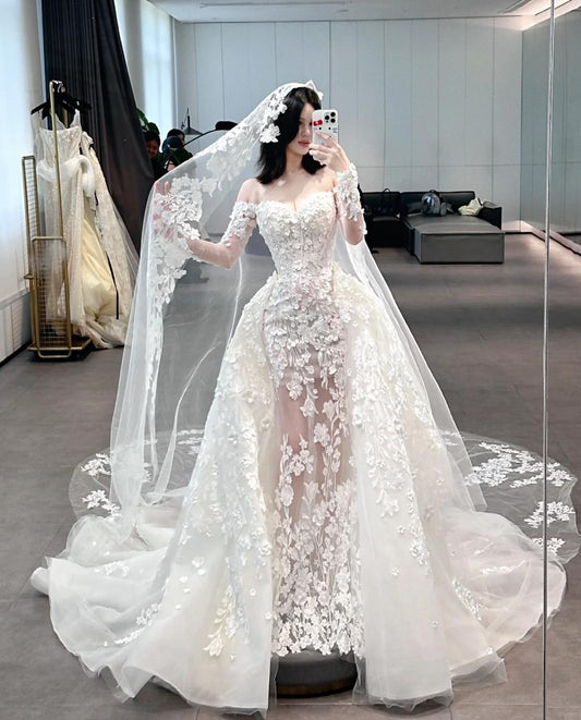 Modest Strapless Sheath Bridal Gown Glam Tulle Applique Train Wedding Dress DP2862