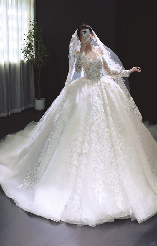 Elegant Off-Shoulder White Wedding Dress Applique Ball Gown Modest Long Sleeves Bridal Gowns with Veil DP2865