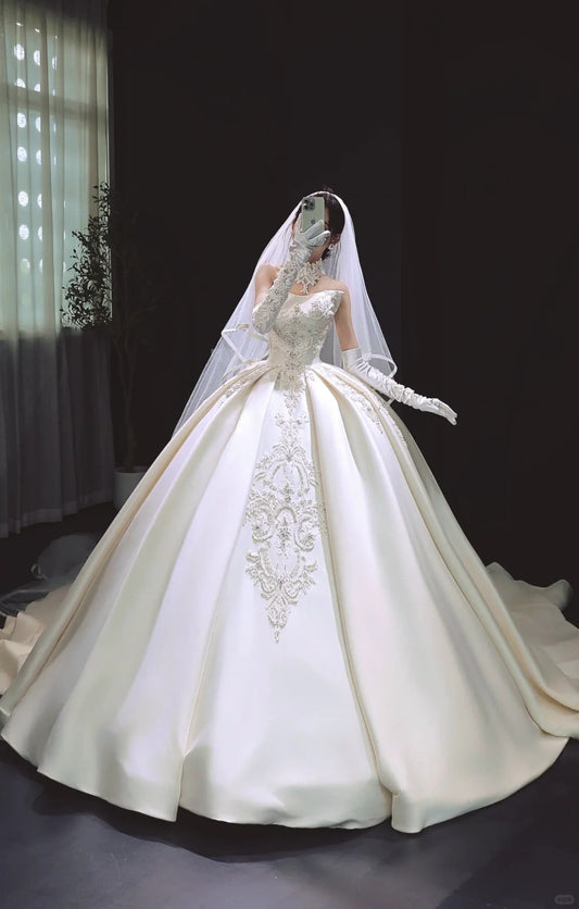 Modest White Ball Gown Wedding Dress Satin Applique Strapless Bridal Gowns DP2869