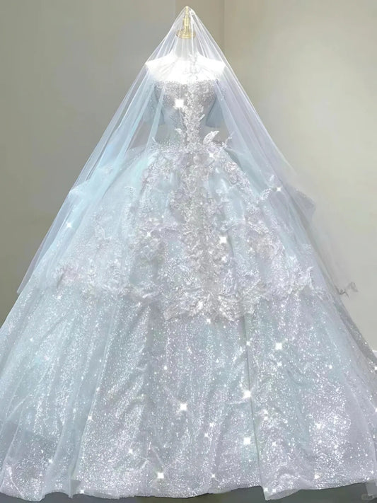 Timeless Off-the-Shoulder Ball Gown Sparkly Tulle Wedding Dress Bridal Gown with Veil DP2891