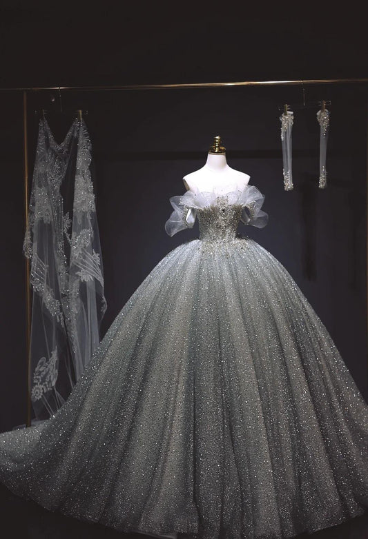 Elegant Off-Shoulder Ball Gown Tulle Wedding Dress Timeless Sparkly Sequins Applique Bridal Gown DP2918