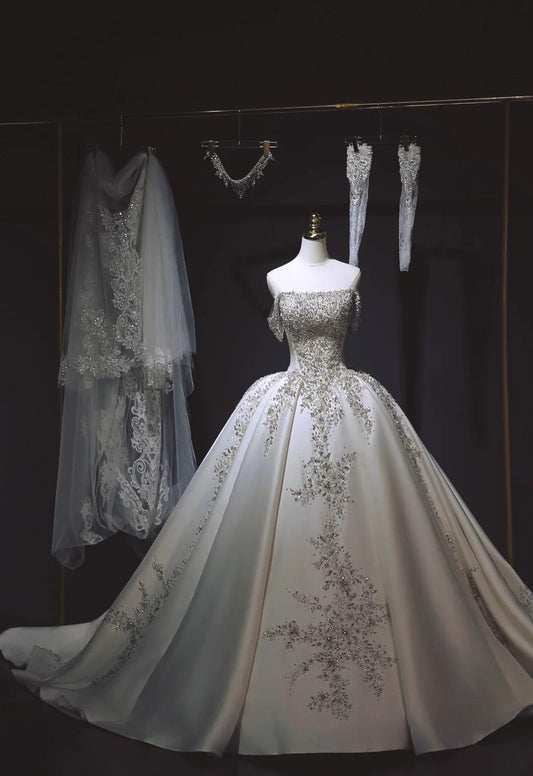 Elegant Off-the-shoulder Ball Gown Satin Wedding Dress Timeless Beaded Applique Bridal Gown DP2919