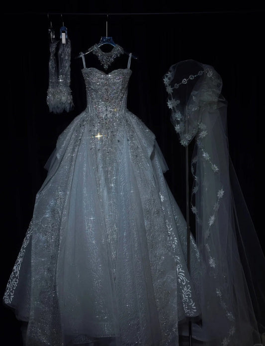 Elegant Strapless Ball Gown Tulle Beaded Wedding Dress Sparkly Applique Bridal Gown DP2920