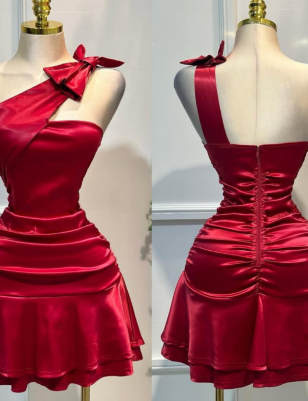 Fashion One Shoulder Sheath Short Party Dress Satin Burgundy Homecoming Dress DP2953