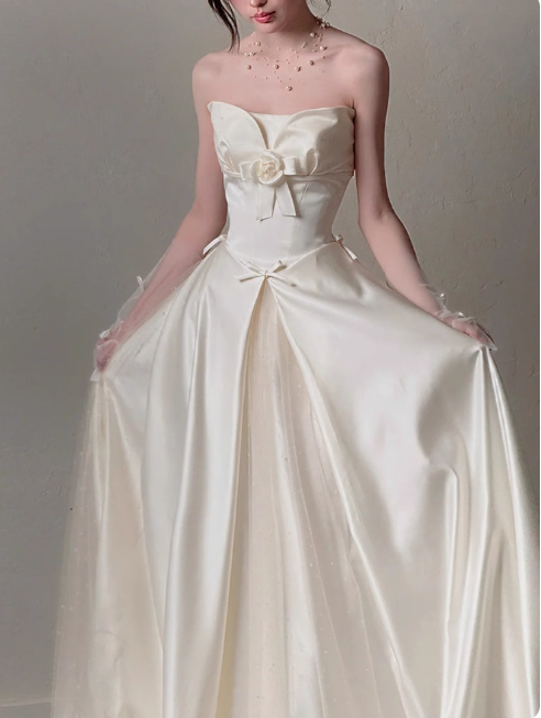 Elegant Strapless A-Line Long Luxury Wedding Dresses Tulle Satin Simple Bridal Dresses DP2978