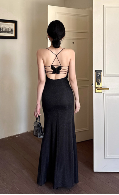 Spaghetti Strap Sheath Satin Long Prom Dresses Elegant Black Formal Evening Dress with Slits DP03041