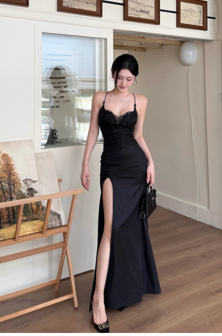 Spaghetti Strap Sheath Satin Long Prom Dresses Elegant Black Formal Evening Dress with Slits DP03041